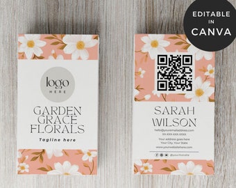 Florist Business Card Template, QR Code Business Card, Flower Shop Business Card, Floral Business Card Canva, Florist Branding Marketing