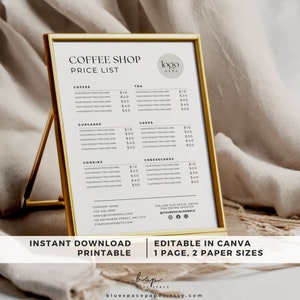 Lista de preços de cafeteria, preços para bolo de café, modelo de menu de padaria, lista de preços de padaria Canva, folheto comercial de bolo, modelo de menu de café