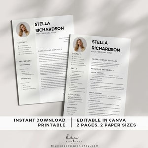 May include: A black and white resume template with a modern design. The template is editable in Canva and includes two pages. The text on the template reads "Stella Richardson, Professional Title".