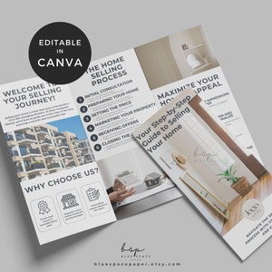 Op de afbeelding: Een driedelige brochure met een lichtbruine achtergrond en een wit-grijs kleurenschema. De brochure heeft de titel "Welkom op uw verkoopreis!" en "Het verkoopproces van een woning". De brochure bevat ook een sectie met de titel "Maximaliseer de aantrekkingskracht van uw woning" en "Uw stapsgewijze gids voor het verkopen van uw woning".