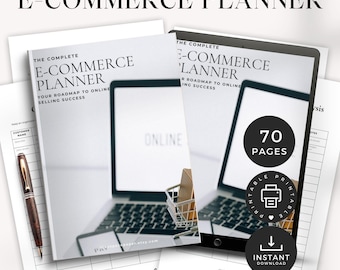May include: A black and white printable e-commerce planner with 70 pages. The planner includes sections for customer management, inventory management, and online marketing. The cover features a laptop with a shopping cart on the screen and the text "The Complete E-Commerce Planner".