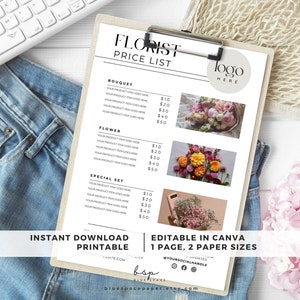 Modelo de lista de preços de flores, lista de preços de floristas, lista de preços de buquê de flores, modelo de folheto floral, cartão de menu floral, flor de casamento