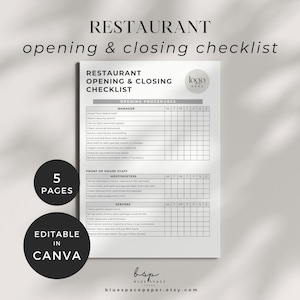 以下が含まれることがあります： レストランの開店と閉店の手順のための印刷可能なチェックリスト。チェックリストは、マネージャー、ホスト/ホステス、サーバーの3つのセクションに分かれています。各セクションには、完了する必要があるタスクのリストがあり、週の各曜日ごとに列があります。チェックリストはCanvaで編集できます。