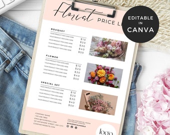 Florist Price List, Flower Bouquet Price List, Floral Flyer Template Business Canva, Floral Menu Card, Wedding Flower Menus Templates