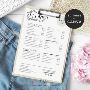 Plantilla de lista de precios para floristería, lista de precios de ramos de flores, plantilla de volante floral para empresas Canva, tarjeta de menú floral, menús de flores para bodas