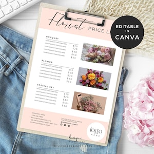 花屋の価格表、花束の価格表、花のチラシテンプレートビジネスCanva、花のメニューカード、結婚式の花のメニューテンプレート