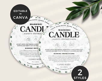 May include: Two round, white candle warning labels with green foliage designs. The text reads "Warning! Candle Safety Instructions" and includes instructions for burning candles safely. The labels are 8 ounces and 220 grams.