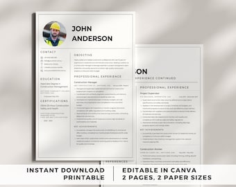 Resume for Construction, Professional Resume with Photo, CV Template Construction Worker, Mechanic Resume Templates for Men, Carpenter