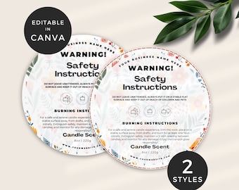 May include: Two round candle warning labels with floral designs. The labels include safety instructions, burning instructions, and the text "Candle Scent." The labels are 8oz | 220g. The text "Editable in Canva" is also present.