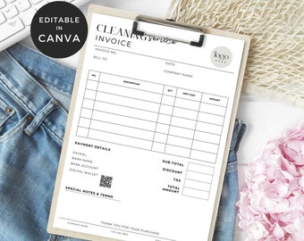 Plantilla de factura para empresas de limpieza, plantilla de factura de servicio de limpieza (Canva), plantilla de recibo de factura, plantilla de factura editable, CS001