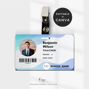 Bewerkbare ID-badge, ID-kaartsjabloon Canva, ID-kaart aanpassen, Afdrukbare ID-kaart voor leraar, ID-badge werknemer, ID-kaart voor thuisonderwijs Canva