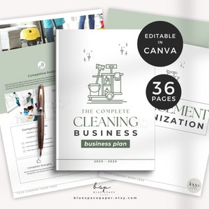 Pode incluir: Um modelo de plano de negócios de limpeza imprimível em verde e branco com 36 páginas. A capa apresenta um desenho de linha de um carrinho de limpeza com suprimentos e o texto "The Complete Cleaning Business Business Plan 202X - 202X".