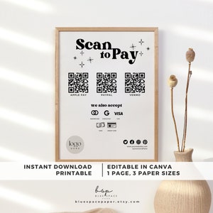 Formy płatności Znak, Znak płatności na targi rzemieślnicze, 3 znaki kodów QR dla firm z logo, Szablon znaku Scan to Pay, Wyświetlacz dostawcy