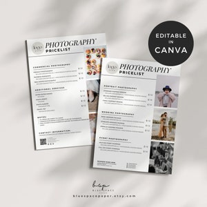 May include: Editable photography price list template in Canva. The price list includes pricing for commercial, portrait, wedding, and event photography. The template features a black and white design with a modern font.
