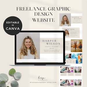 Modelo de site para freelancer, modelo de site de portfólio de design gráfico, assistente virtual de modelo de site Canva, página de destino Canva