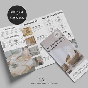 May include: A tri-fold brochure for an interior design company called Blue Space. The brochure features a modern design with a white background and black text. The brochure highlights the company's services, design process, and commitment to transforming spaces with style. The brochure also includes a photo of a wicker basket.