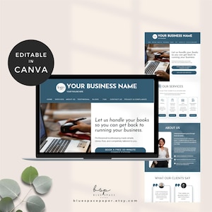 May include: A digital marketing template with a teal and white color scheme. The design includes a laptop displaying a website layout, a separate webpage design, and the text "YOUR BUSINESS NAME". The template is editable in Canva.