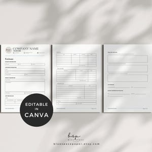Op de afbeelding: Een zwart-witte printbare schattingstemplate met de tekst "Estimate" en "Editable in Canva" op de pagina. De template bevat secties voor klantgegevens, projectbeschrijving, kostenoverzicht en algemene voorwaarden.