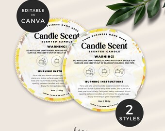 May include: Two round, yellow and white candle labels with a sunflower design. The text on the labels reads "Candle Scent Scented Candle" and includes a warning about leaving the candle unattended. The labels also include burning instructions. The text "2 Styles" is printed in black on a white background.
