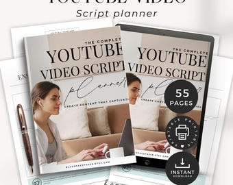 May include: A digital YouTube video script planner with the text "YOUTUBE VIDEO Script planner". The planner includes 55 pages and is available for instant download. A pen and other documents are also visible.