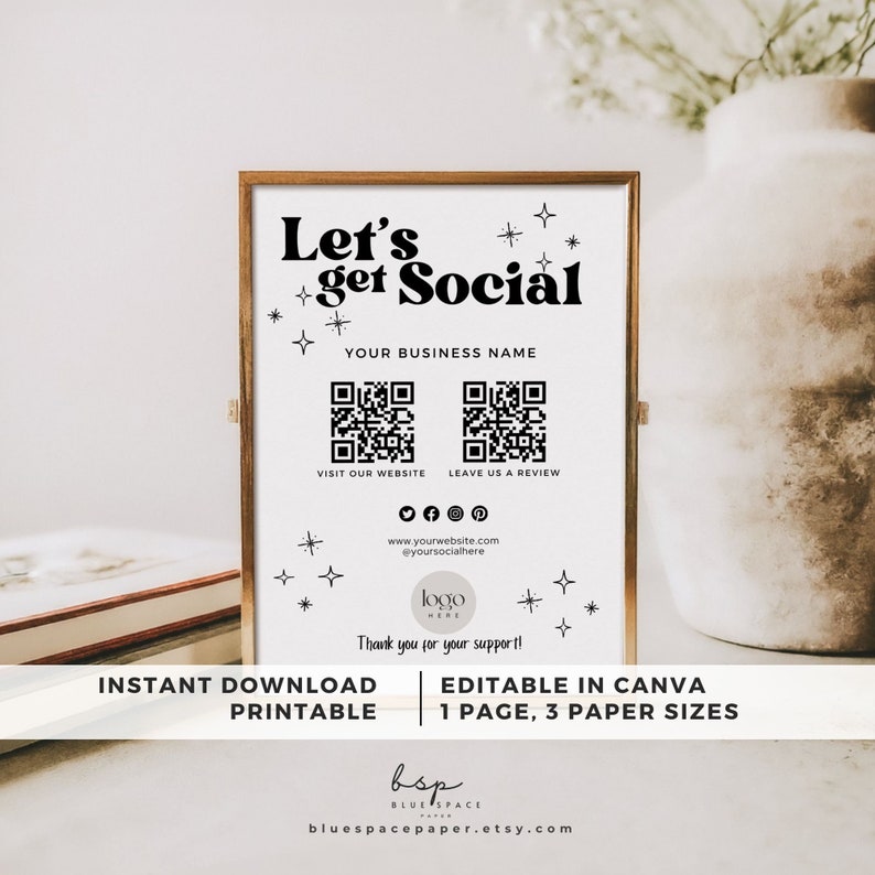 Lets Get Social Printable Sign, Follow Us on Social Sign QR Code ...
