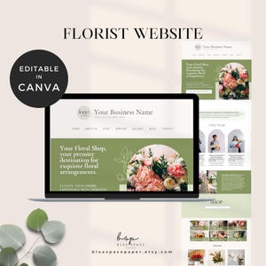 May include: A website mockup for a florist business. The website features a green and white colour scheme with a floral design. The text on the website reads "Your Floral Shop, your premier destination for exquisite floral arrangements."  The website also includes a section for "Our Team" and a "Shop" button.