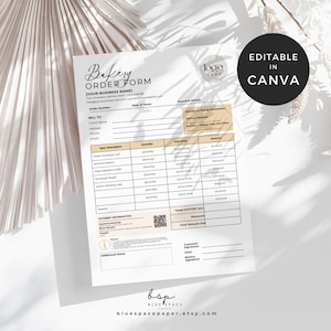 May include: Editable bakery order form template in Canva. The form includes sections for billing information, item description, quantity, unit price, amount, payment information, taxes, discounts, and total amount due. The form also includes a space for customer and bakery signatures and dates.