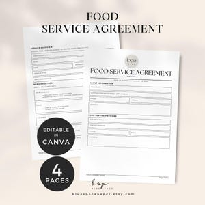Könnte beinhalten: Zwei weiße Food Service Agreement-Dokumente mit schwarzem Text. Das obere Dokument hat einen Service-Übersichtsbereich, und das untere Dokument enthält Kundeninformationen. Die Dokumente sind mit "Bearbeitbar in Canva" und "4 Seiten" gekennzeichnet.