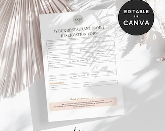 Restaurant Table Reservation Form, Restaurant Book Reservation Form, Dinner Reservation Canva Template, Guest Table Name Booking Order Sheet