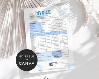 以下が含まれることがあります： 上部に「INVOICE」の文字が入った、水色と白の請求書テンプレート。テンプレートには、ビジネスと顧客の情報、サービスの詳細、合計のフィールドが含まれています。「EDITABLE IN CANVA」というテキストが入った黒い円が左下にあります。