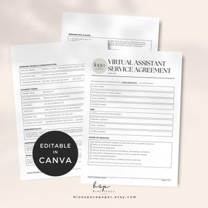 May include: Three white pages with black text, including a "Virtual Assistant Service Agreement" form. The forms include sections for client information, service scope, and payment terms. A circular graphic reads "Editable in Canva."