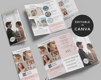 May include: A set of promotional materials, including brochures and flyers, in a pale pink and white design. The materials showcase images of couples and beauty products, with the text "EDITABLE IN CANVA" and "bluespacepaper.etsy.com".