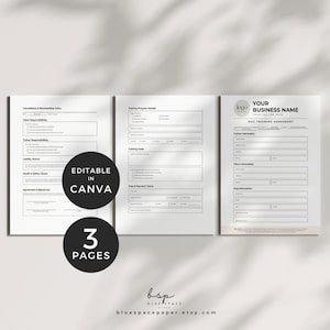 May include: A three-page dog training agreement template. The pages include sections for client responsibilities, training program details, and trainer information. The template is editable in Canva and features the text "YOUR BUSINESS NAME" and "DOG TRAINING AGREEMENT".