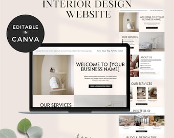 May include: A mockup of a website for an interior design business. The website features a modern design with a white background and black text. The website includes sections for "About Us", "Our Services", "Portfolio", and "Blog & Design Tips". The website also includes a call to action to "Book a Consultation Today".
