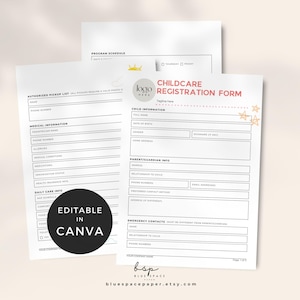 Childcare Registration Form, Enrollment Forms Day Care, Daycare Business Template, Daycare Starter Kit, Preschool Application Form Contract