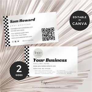 May include: Two-sided business card design with a white background. One card features the name "Sam Howard" and contact information, including a QR code. The other card displays "Your Business" and service offerings. The design includes a black and white checkered pattern.