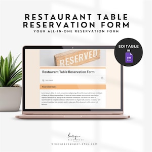 May include: A rose gold laptop displays a restaurant table reservation form. The screen shows a form with the title "Restaurant Table Reservation Form" and the word "RESERVED" on a wooden sign. The text "YOUR ALL-IN-ONE RESERVATION FORM" is above the laptop.
