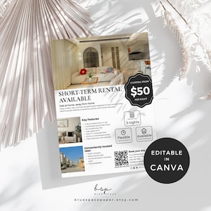 May include: A white flyer with the text "SHORT-TERM RENTAL AVAILABLE" and "STARTING FROM $50 PER NIGHT." It includes key features, a QR code, and the words "EDITABLE IN CANVA." The flyer is for short-term rentals.