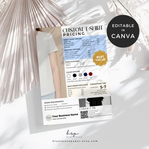 Può includere: Un volantino con prezzi per t-shirt personalizzate, modificabile in Canva. Elenca le opzioni di base, le opzioni di stampa, le taglie e le opzioni di colore. Include sconti per ordini all'ingrosso e un tempo di consegna di 5-7 giorni.