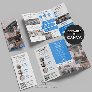 May include: A set of promotional flyers in blue and white. The flyers provide information on how to give, upcoming events, and transparency. The phrase "Editable in Canva" is displayed on one of the flyers.