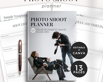 Puede incluir: Un planificador de sesión de fotos con el título "PHOTO SHOOT PLANNER" y el texto "YOUR BUSINESS NAME" y "TAGLINE HERE". La imagen muestra plantillas de muestra, un bolígrafo y un fotógrafo tomando una foto de una modelo.