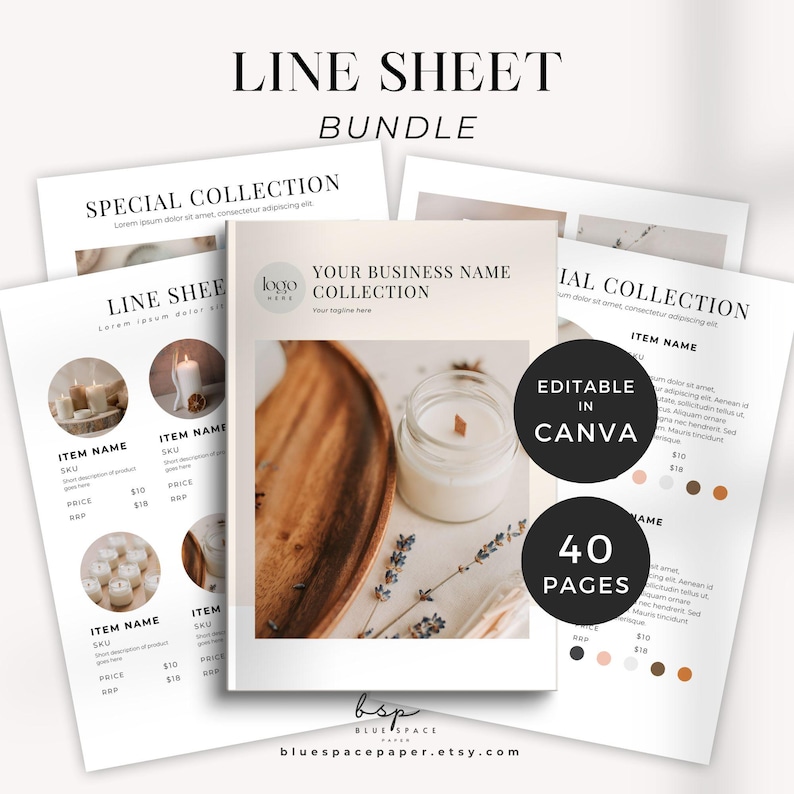 digital printable LINE SHEET CANDLE BUSINESS canva template