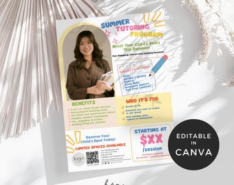 Summer Tutoring Flyer Canva, Elementary Tutoring Service Brochure Template, Private Tutor Flyer, Online Tutoring Business Advertisement
