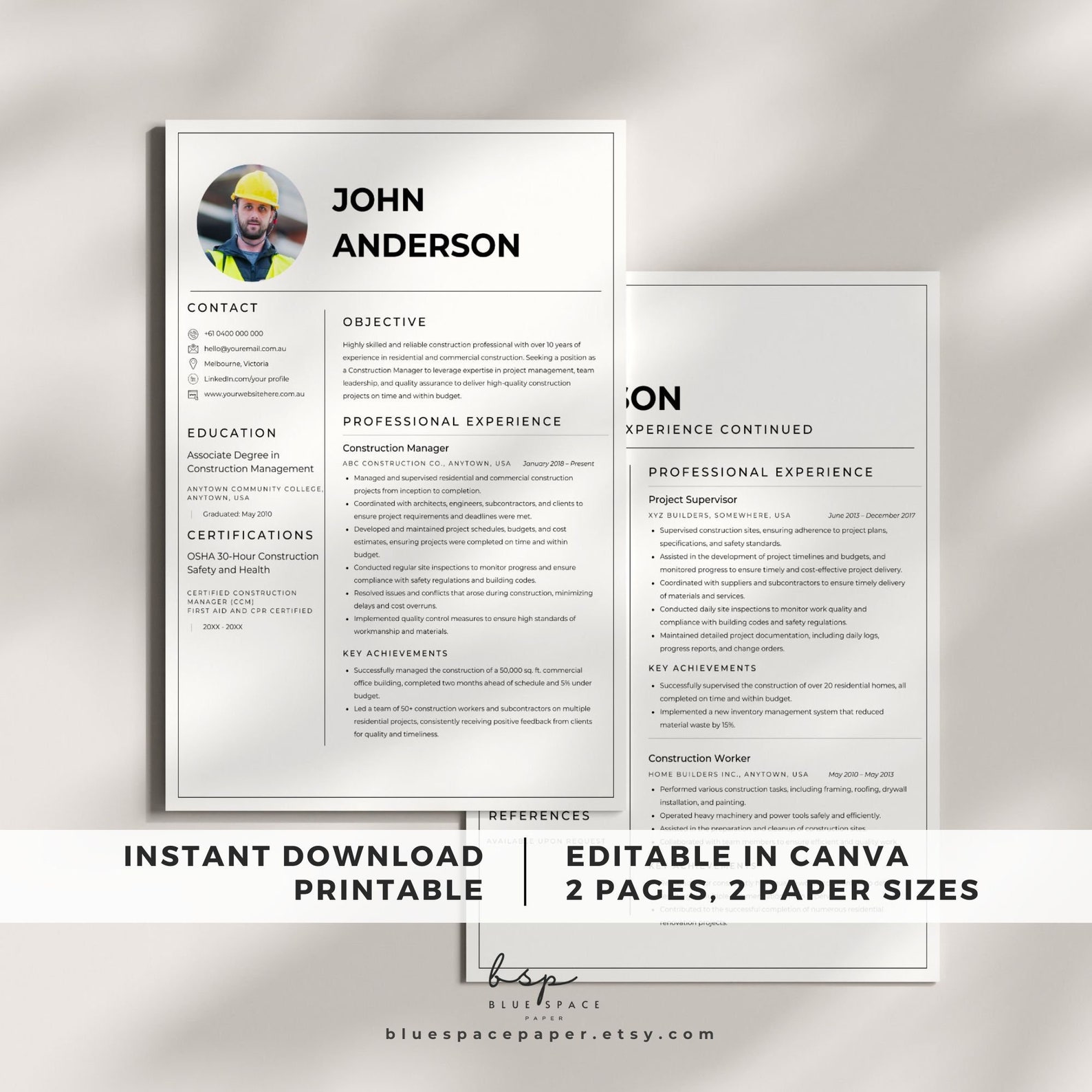 Resume for Construction, Professional Resume With Photo, CV Template ...