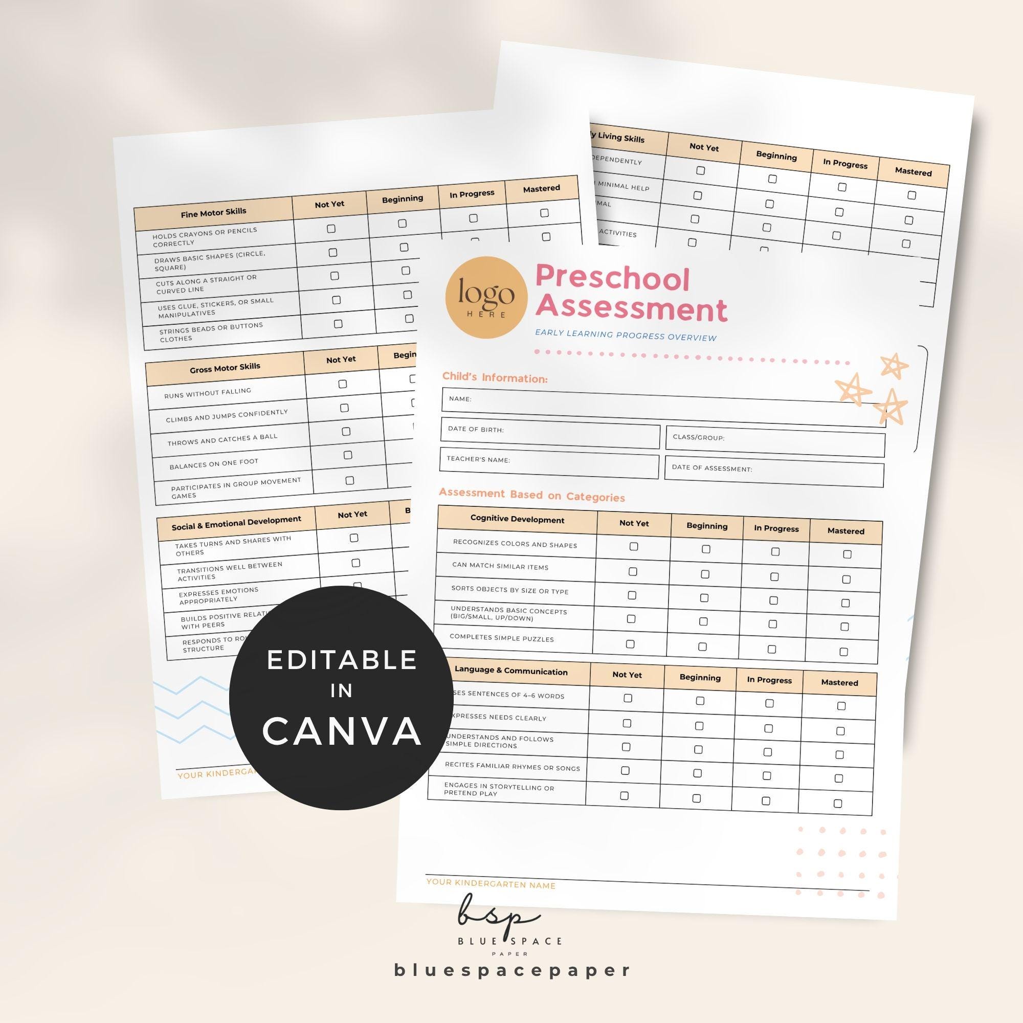 Preschool Assessment Sheets, Pre K Assessment Template, Homeschool ...
