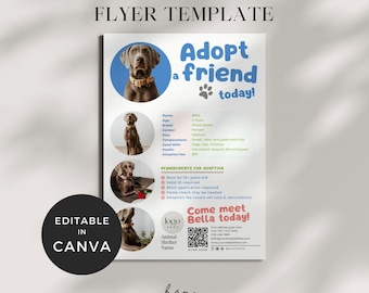 Dog Adoption Flyer, Adopt A Pet Flyer, Animal Rescue Flyer, Adopt Me Pets Brochure Canva Template Animal Shelter Flyer, Pet Adoption Profile