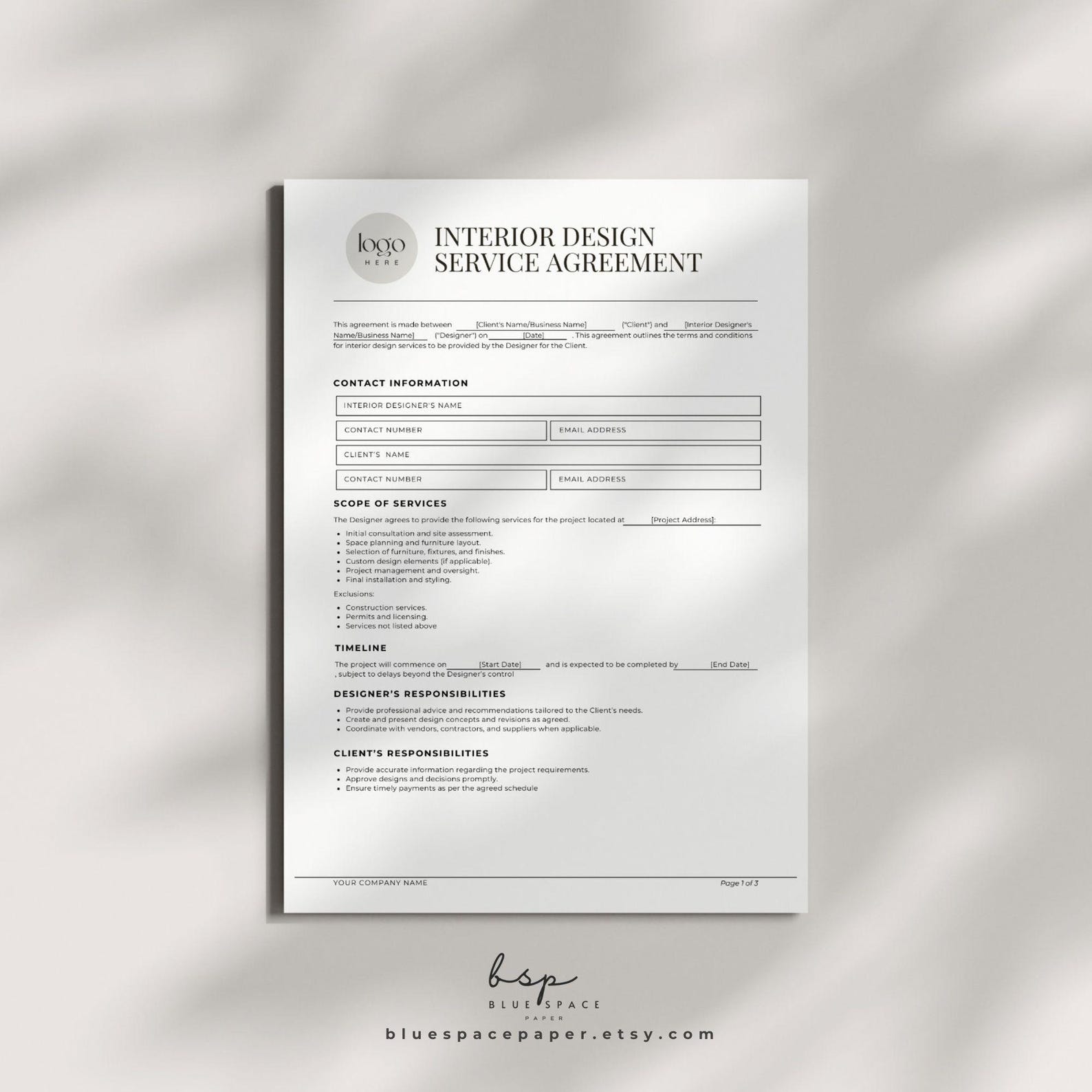 Service Agreement for Interior Designers Canva, Interior Design Service ...
