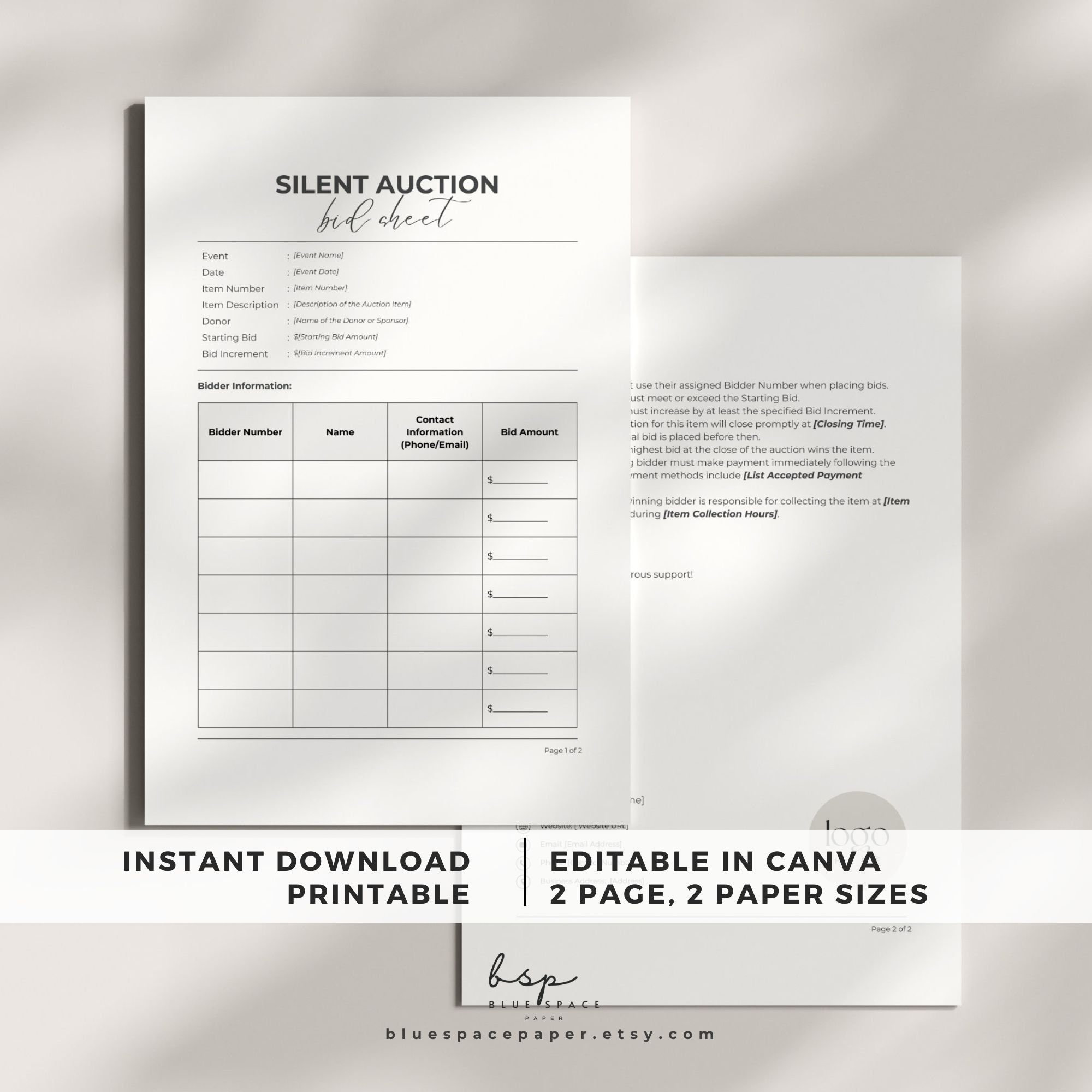 Editable Silent Auction Bid Form, Silent Auction Bid Sheet Template ...