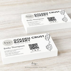 Cartões de visita de massa fermentada, modelo de código QR Canva, cartão de visita moderno, kit para pequenas empresas, cartões de visita de padaria caseira, encarte de embalagem