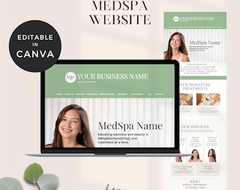 May include: A laptop displays a website design for a MedSpa, featuring a green and white color scheme. The design includes the text "MedSpa Name" and "Elevating wellness and beauty." Additional website mockups are also shown. The words "Editable in Canva" are also visible.